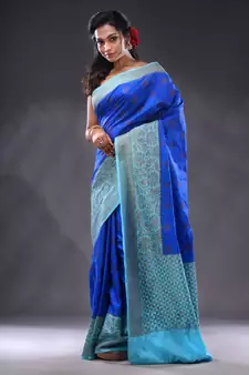 Blue Dupion Silk Handwoven Saree With Zari Woven Texture And Floral Patterns