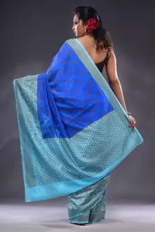 Blue Dupion Silk Handwoven Saree With Zari Woven Texture And Floral Patterns