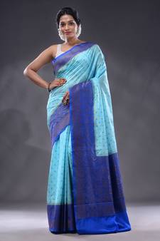 Sky Blue Dupion Silk Handwoven Saree With Zari Woven Texture And Nakshi Patterns
