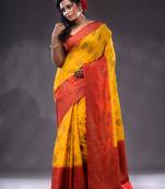 Yellow Dupion Silk Handwoven Saree With Zari Woven Texture And Floral Patterns