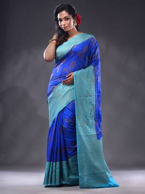 Blue Dupion Silk Handwoven Saree With Zari Woven Texture And Floral Patterns 1