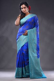 Blue Dupion Silk Handwoven Saree With Zari Woven Texture And Floral Patterns