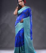 Blue Dupion Silk Handwoven Saree With Zari Woven Texture And Floral Patterns