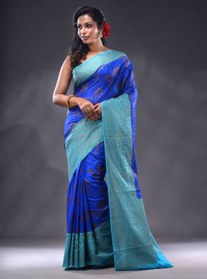 Blue Dupion Silk Handwoven Saree With Zari Woven Texture And Floral Patterns 2