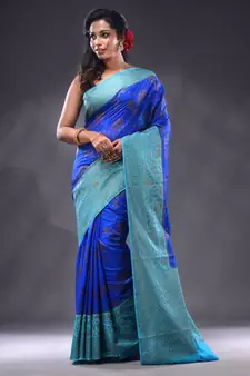 Blue Dupion Silk Handwoven Saree With Zari Woven Texture And Floral Patterns