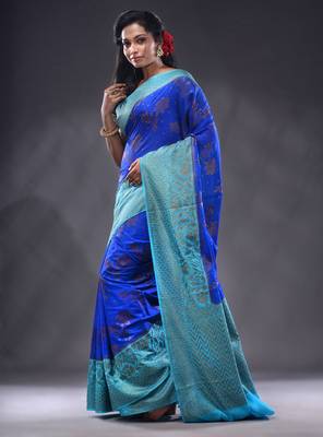 Blue Dupion Silk Handwoven Saree With Zari Woven Texture And Floral Patterns 3