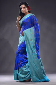Blue Dupion Silk Handwoven Saree With Zari Woven Texture And Floral Patterns