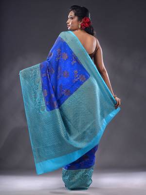 Blue Dupion Silk Handwoven Saree With Zari Woven Texture And Floral Patterns 4