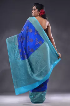 Blue Dupion Silk Handwoven Saree With Zari Woven Texture And Floral Patterns