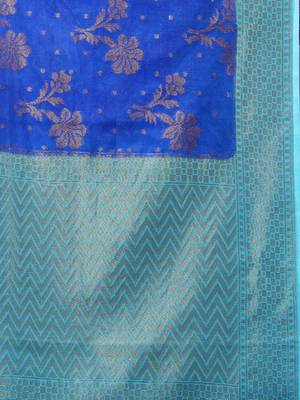 Blue Dupion Silk Handwoven Saree With Zari Woven Texture And Floral Patterns 5