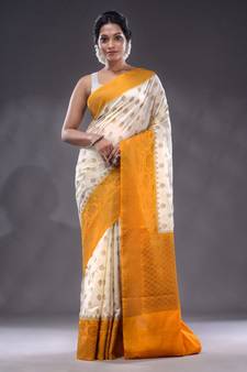White Dupion Silk Handwoven Saree With Zari Woven Texture And Floral Patterns