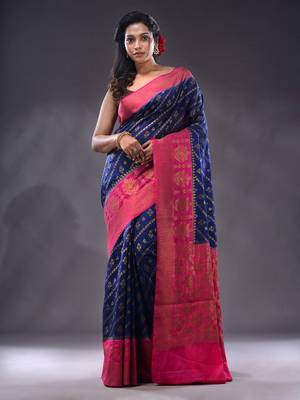 Navy Blue Dupion Silk Handwoven Saree With Zari Woven Texture And Ethnic Patterns 1