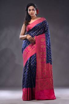 Navy Blue Dupion Silk Handwoven Saree With Zari Woven Texture And Ethnic Patterns