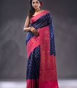 Navy Blue Dupion Silk Handwoven Saree With Zari Woven Texture And Ethnic Patterns