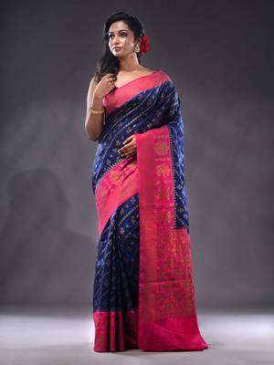 Navy Blue Dupion Silk Handwoven Saree With Zari Woven Texture And Ethnic Patterns 2