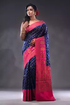 Navy Blue Dupion Silk Handwoven Saree With Zari Woven Texture And Ethnic Patterns