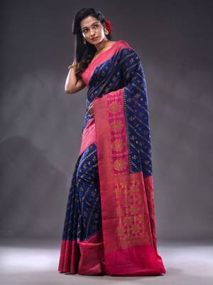 Navy Blue Dupion Silk Handwoven Saree With Zari Woven Texture And Ethnic Patterns 3