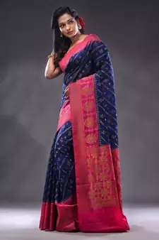Navy Blue Dupion Silk Handwoven Saree With Zari Woven Texture And Ethnic Patterns