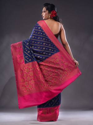 Navy Blue Dupion Silk Handwoven Saree With Zari Woven Texture And Ethnic Patterns 4