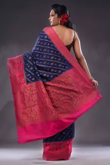 Navy Blue Dupion Silk Handwoven Saree With Zari Woven Texture And Ethnic Patterns