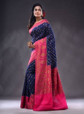 Navy Blue Dupion Silk Handwoven Saree With Zari Woven Texture And Ethnic Patterns 5