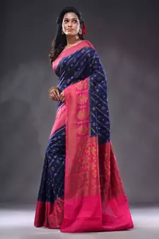 Navy Blue Dupion Silk Handwoven Saree With Zari Woven Texture And Ethnic Patterns