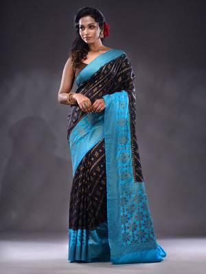 Black Dupion Silk Handwoven Saree With Zari Woven Texture And Ethnic Patterns 1