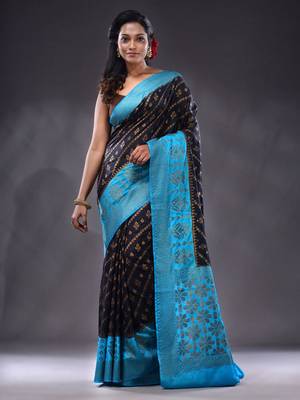 Black Dupion Silk Handwoven Saree With Zari Woven Texture And Ethnic Patterns 2