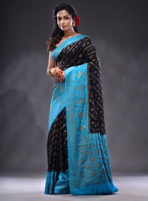 Black Dupion Silk Handwoven Saree With Zari Woven Texture And Ethnic Patterns 3