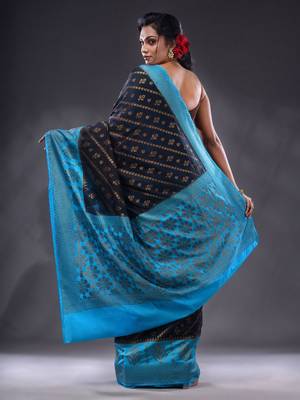 Black Dupion Silk Handwoven Saree With Zari Woven Texture And Ethnic Patterns 4