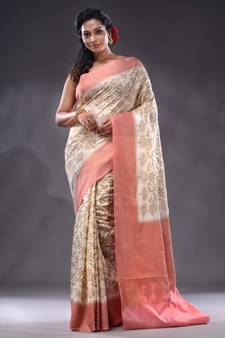 White Dupion Silk Handwoven Saree With Zari Woven Texture And Floral Patterns