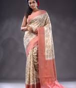 White Dupion Silk Handwoven Saree With Zari Woven Texture And Floral Patterns