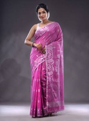 Violet Cotton Blend Handwoven Saree With Zari Woven Floral And Paisley 1