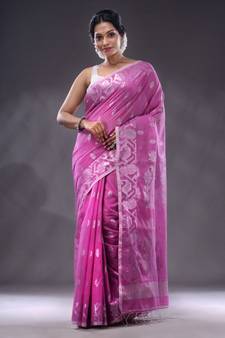 Violet Cotton Blend Handwoven Saree With Zari Woven Floral And Paisley