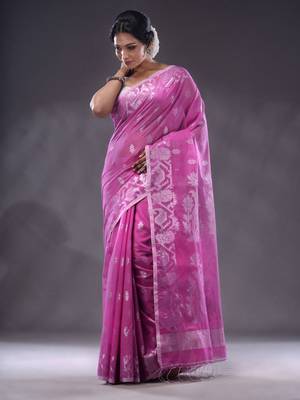 Violet Cotton Blend Handwoven Saree With Zari Woven Floral And Paisley 2