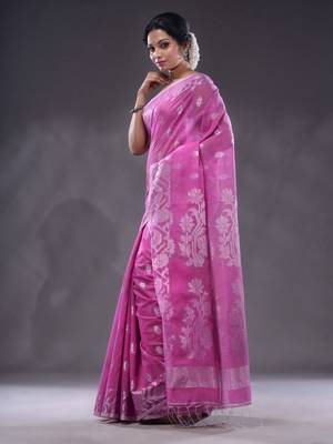 Violet Cotton Blend Handwoven Saree With Zari Woven Floral And Paisley 3