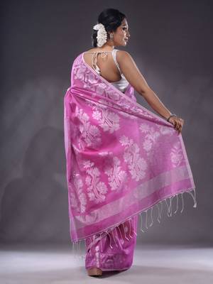 Violet Cotton Blend Handwoven Saree With Zari Woven Floral And Paisley 4