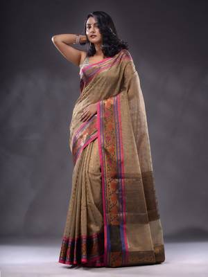 Ecru Resham Kota Handwoven Saree With Zari Woven Ethnic And Lotus Patterns 1