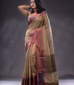 Ecru Resham Kota Handwoven Saree With Zari Woven Ethnic And Lotus Patterns