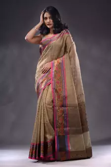 Ecru Resham Kota Handwoven Saree With Zari Woven Ethnic And Lotus Patterns