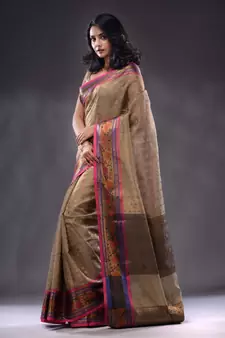 Ecru Resham Kota Handwoven Saree With Zari Woven Ethnic And Lotus Patterns