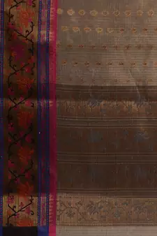 Ecru Resham Kota Handwoven Saree With Zari Woven Ethnic And Lotus Patterns