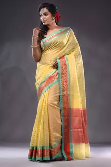 Yellow Resham Kota Handwoven Saree With Zari Woven Ethnic And Nakshi Patterns