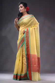 Yellow Resham Kota Handwoven Saree With Zari Woven Ethnic And Nakshi Patterns