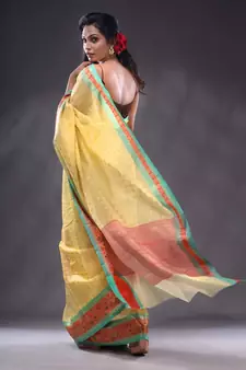 Yellow Resham Kota Handwoven Saree With Zari Woven Ethnic And Nakshi Patterns