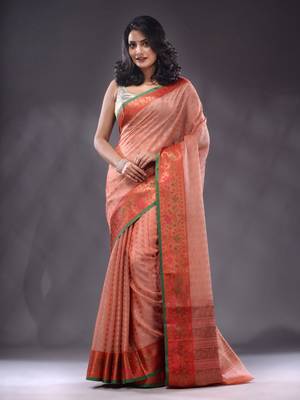 Peach Resham Kota Handwoven Saree With Zari Woven Ethnic And Nakshi Patterns 1