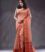 Peach Resham Kota Handwoven Saree With Zari Woven Ethnic And Nakshi Patterns