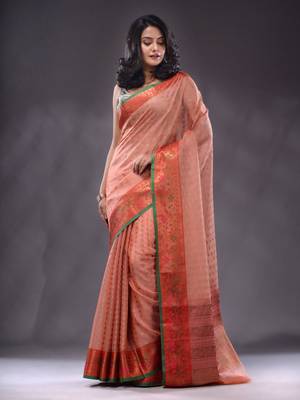 Peach Resham Kota Handwoven Saree With Zari Woven Ethnic And Nakshi Patterns 2