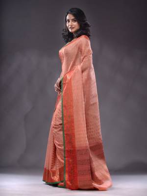 Peach Resham Kota Handwoven Saree With Zari Woven Ethnic And Nakshi Patterns 3
