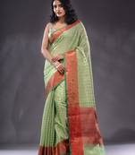 Mint Green Resham Kota Handwoven Saree With Zari Woven Ethnic And Nakshi Patterns